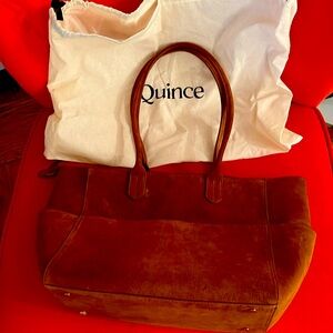 Quince suede shopper tote in whiskey color.